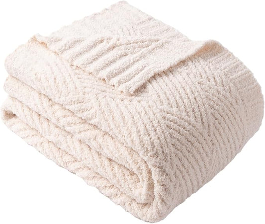 Battilo White Diamond Knit Throw Blanket for Couch and Bed, Ivory Soft Textured Chenille Blanket, Cozy Lightweight Decorative Blanket for Sofa, 50"x60"