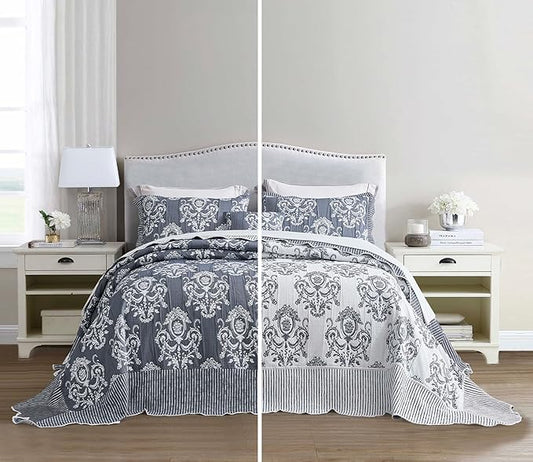 HZ & HY Oversized Queen Bedspread, Jacquard Matelasse Damask Pattern Design, Lightweight, Reversible, 5 Piece, 100% Microfiber, Queen, Dark Blue