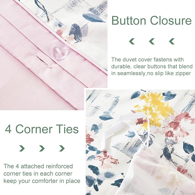 URBONUR Garden Floral Duvet Cover Set 100% Egyptian Cotton Silky Sateen Smooth Breathable Durable Soft Bedding Sets Purple Yellow Flowers Printed on White (3Pcs Queen, 90''x90'')
