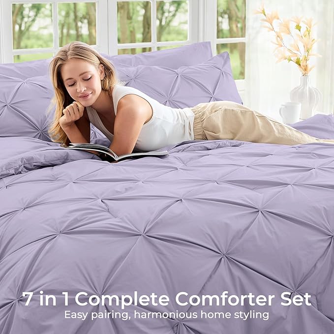 Sasttie King Size Comforter Set, 7-Piece Bed in a Bag, Pintuck Bedding Sets for All Season, Includes Comforter, Flat Sheet, Fitted Sheet, Pillowcases and Pillowshams, Lavender