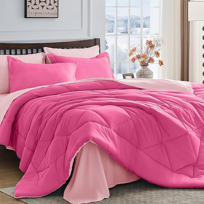 HEVUMYI Hot Pink & Baby Pink Twin-XL Comforter Set - 5-Piece All Season Bed in a Bag Twin-XL, Ultra Soft Bedding Set with Comforter, Flat Sheet, Fitted Sheet, Pillowcases, Pillow Shams