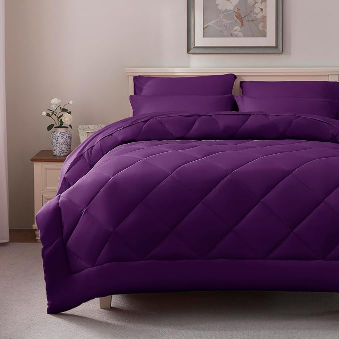 ELNIDO QUEEN® Purple King Size Comforter Set - 7 Pieces Comforter King Size, Ultra Soft Bed in a Bag Bedding Sets with All Season Comforter, Flat Sheet, Fitted Sheet and Pillowcases and Shams