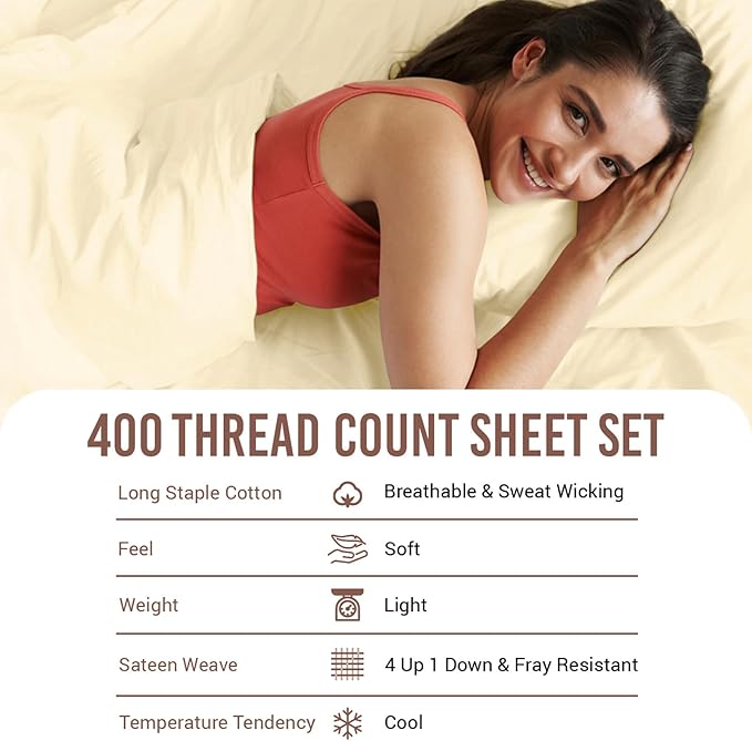Pizuna Pure 100% Cotton Sheets California King Size, Luxurious 400 Thread Count Long Staple Cotton Sateen Sheets with 15" Deep Pocket (Combed Ivory Sheet California King)