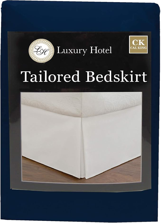 Luxury Hotel Tailored Bed Skirt, Box Pleats, 14 Inch Drop, California King, Navy