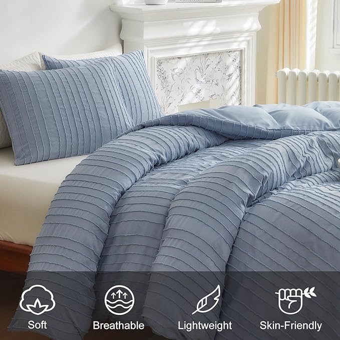 WARMDERN Blue Tufted Duvet Cover Set Queen Size, Striped Textured Duvet Cover Boho Bedding Set, 3 Pcs Ultra Soft Washed Microfiber Duvet Cover with Zipper Closure (Queen, Blue)