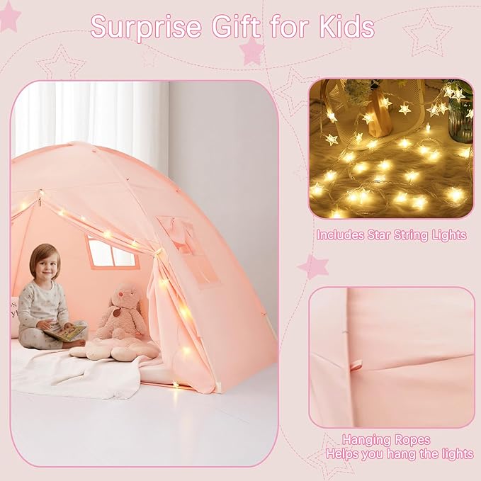 Akiky Bed Tent Bed Canopy Twin Size with Bottom,Kids Tent with Lights Portable Foldable Bunk Bed Curtains for Girls Boys (Pink, Twin)