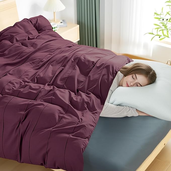 NEXHOME PRO 100% Organic Cotton Duvet Cover Queen Size, Linen Like Pleated Textured Burgundy Bedding Set, 3pc Bedding Set with Zipper Closure,Soft,Breathable,90"x90", No Comforter