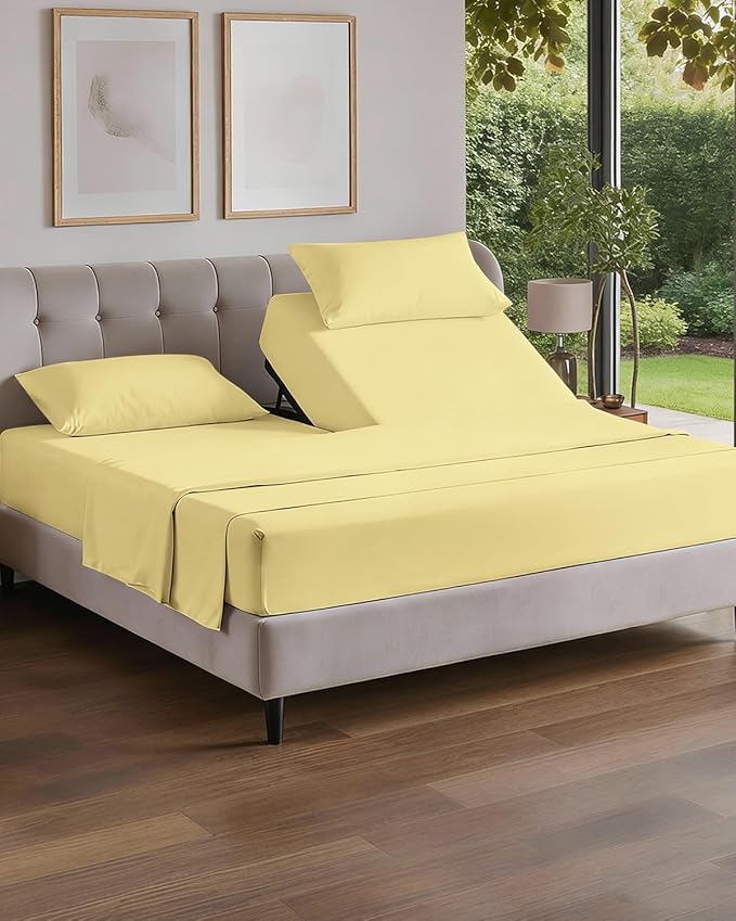 Flex Top Split Head King 4 Piece Sheet Set - Comfy Breathable & Cooling Bed Sheets Set - Hotel Luxury Bedding for Women, Men, Kids, Teens, Boys & Girls - Deep Pockets, Ultra-Soft - Oeko-Tex - Yellow