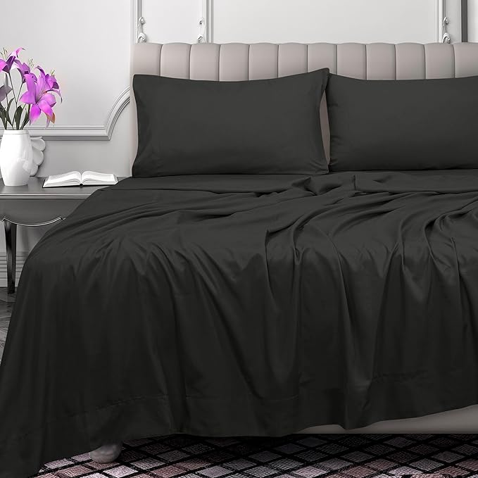 Royale Linens 300 Thread Count 100% Long Staple Combed Cotton Flat Sheet - Super Soft - Top Sheets - California King Flat Sheet Sold Separately - Breathable, Cool & Crisp Sheets Only (Cal King, Black)