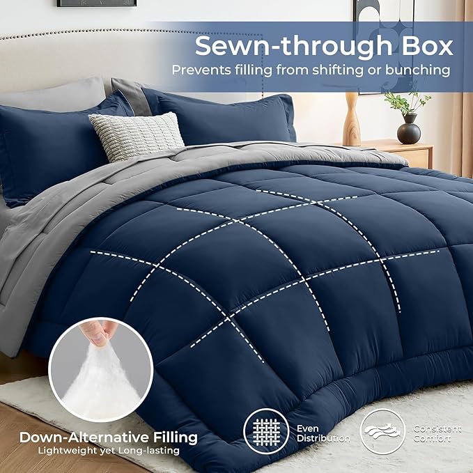 Sasttie Queen Comforter Set, 7 Pieces Bed in a Bag Queen, Complete Bedding Set Includes Comforter, Flat Sheet, Fitted Sheet, Pillowcases and Pillow Shams, Navy & Light Grey