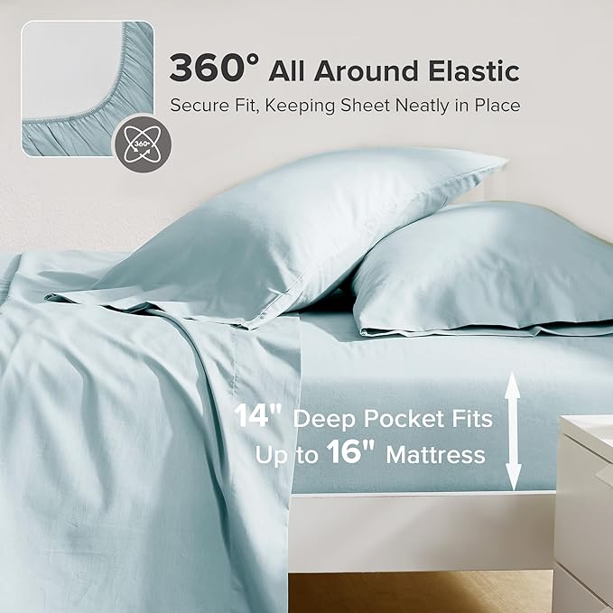 Comfort Spaces 100% Cotton Sheets Queen, Breathable, Soft Cotton Sheets, Naturally Cool Cotton Bed Sheets with 14" Elastic Pocket Fits up to 16" Mattress, All Season Sheet Set, Light Blue 4 Piece