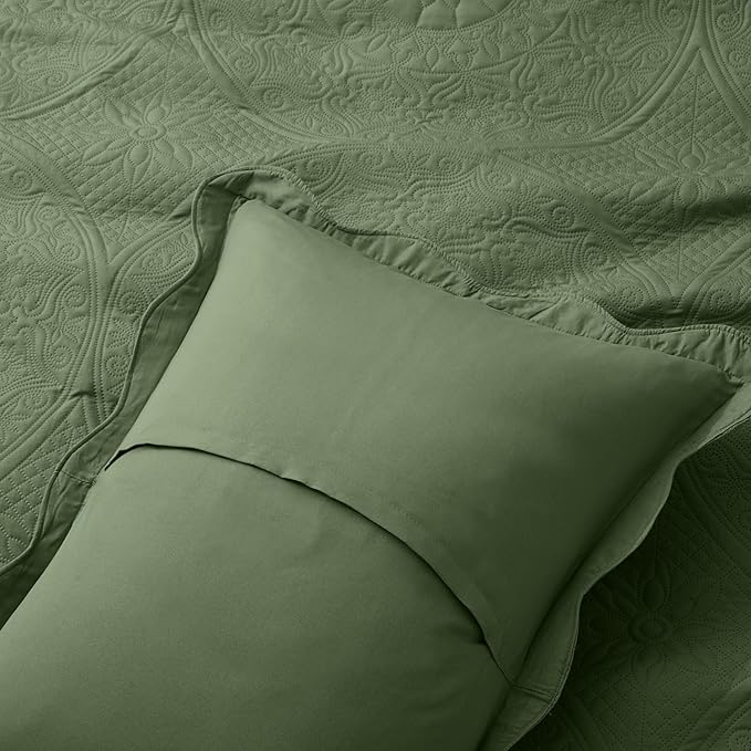 IR Imperial Rooms 8 Pack California King Quilt Bedding Set (118"x106") - Bulk Wholesale for Hotels, Guest Bedroom & Airbnbs - Microfiber Reversible Floral Embossed Quilts Bedspreads (Olive Green)
