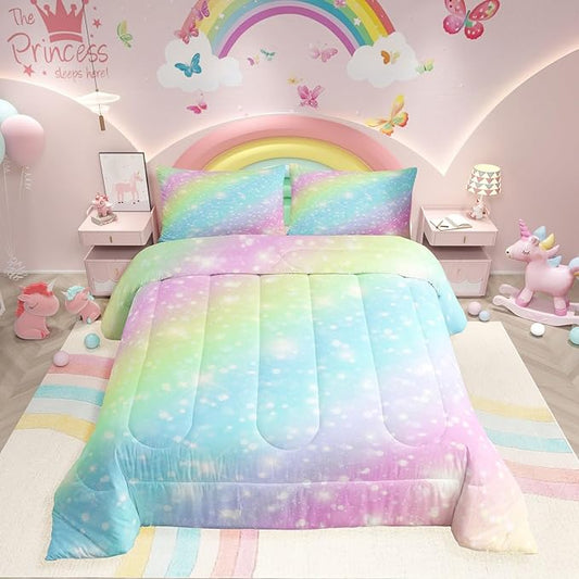 Erosebridal Rainbow Bedding Set for Kids Girls Teens Women Tie Dye Pastel Comforter Set Twin Size Golden Stars Glitter Bedding Comforter Set Watercolor Art Girly Quilt Set Sweet Bedroom Decor 2 Piece