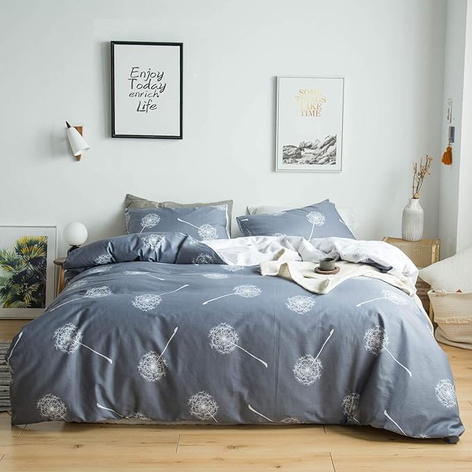 YuHeGuoJi Grey Flower Duvet Cover Queen 100% Cotton 3 Pcs Set 1 Reversible Dandelion Floral Duvet Cover with Zipper Ties 2 Pillowcases Farmhouse White Botanical Bedding Set Soft