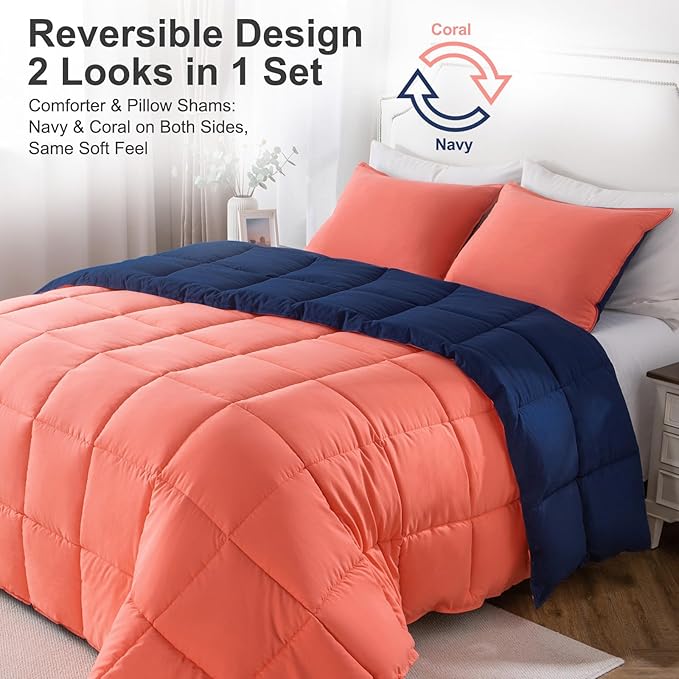 KASENTEX California King Comforter Set – Reversible Dual Color – Goose Down Alternative – Ultra-Soft, Lightweight, Machine Washable, Maintain Fluffiness, All Season Warmth (Navy/Coral)
