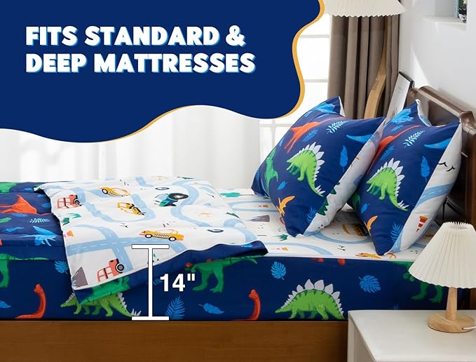 Meeting Story 3pcs Kids Comforter Sets Zipper Bedding Set for Boys,Full Kid Bedding Set Dinosaurs Comforter Leaves Bedding for Kid,All in one Zipper Bedding（Dark Blue,Full）
