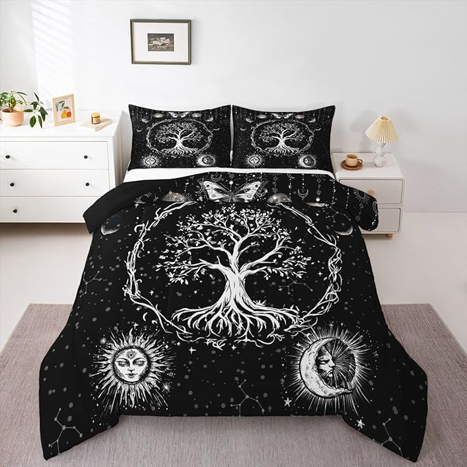 Feelyou Sun and Moon Comforter Bohemian Tree Butterfly Style Bedding Set Psychedelic Hippie Comforter Set for Boys Girls Children Teens Bedroom Decor Galaxy Astrology Duvet Set Queen Size