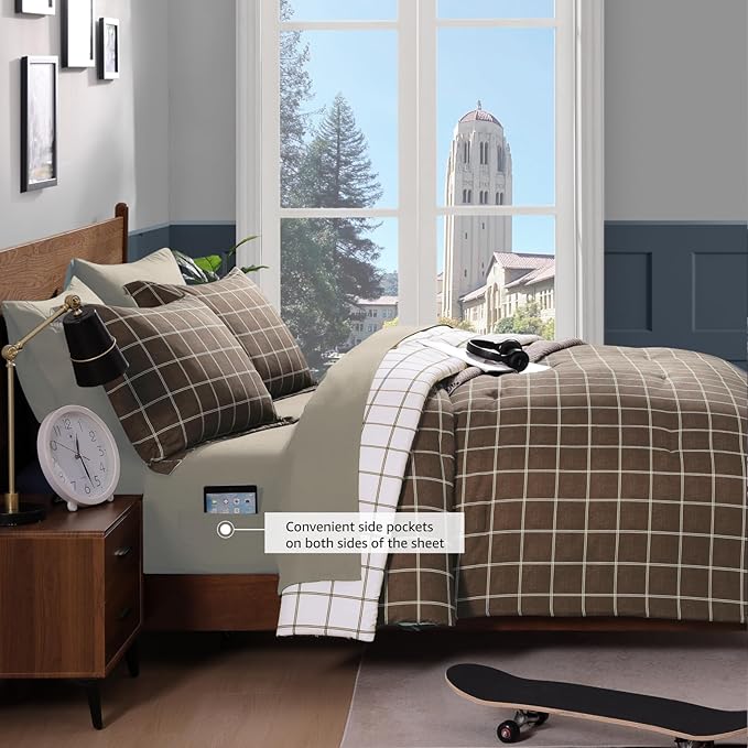 Plaid Full Comforter Set Brown, Reversible Checkered Bedding Set 7 Pieces for Boys Girls Teen, Lightweight Bed in a Bag for Dorm with Sheets, Pillowcases & Shams