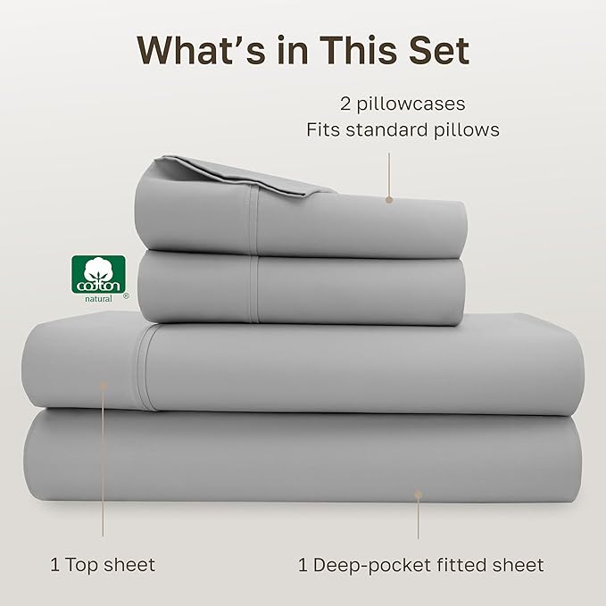 California Design Den Natural 100% Cotton Sheets, Full Size Sheets Set, 400 Thread Count Sateen Bedding, Deep Pockets with All-Around Elastic for a Snug Fit, Durable Bed Set - Light Grey