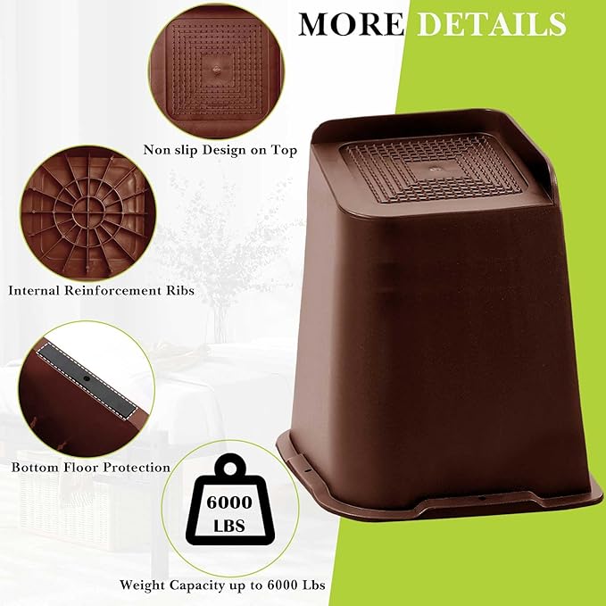 Bed Risers 1 inch, 2 inch, 3 inch, 4 inch, 6 inch, 8 inch Heavy Duty, Oversized Furniture Riser for Couch Sofa Table Chair Leg Frame Dorm, Support up to 6000 Lbs (Chocolat Brown 4 Pack, 8 inch)