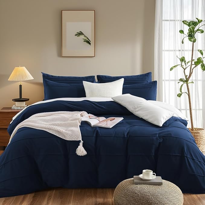 NEXHOME PRO 100% Organic Cotton Duvet Cover King Size, Linen Like Pleated Textured Navy Duvet Cover Set, 3pc Bedding Set with Zipper Closure, Soft, Lightweight and Breathable,104"x90", No Comforter