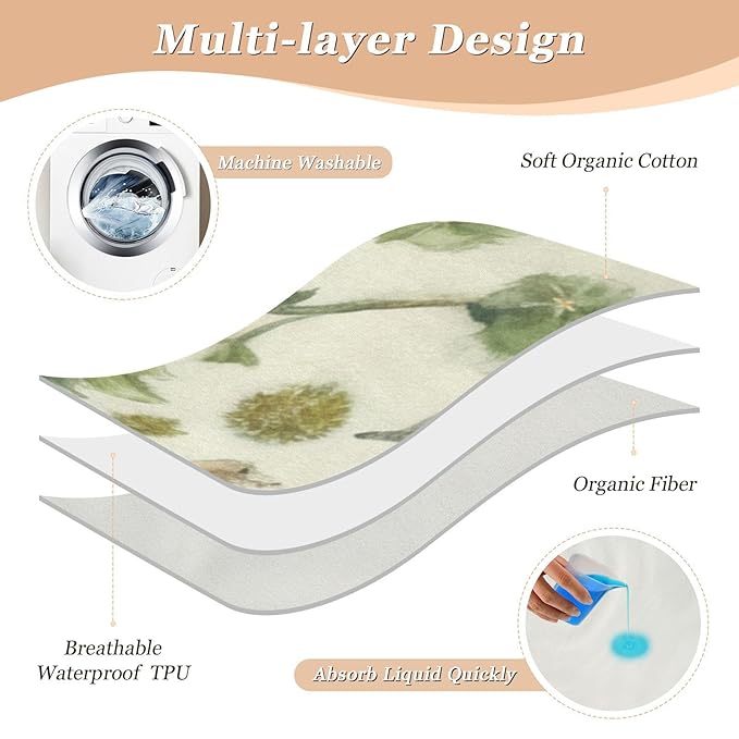 Waterproof Bed Pad Reusable Changing Pad Toddler Mattress Protector Large Pee Pad Baby Diaper Pad Soft Washable Liner Beige Green Dandelion Bird