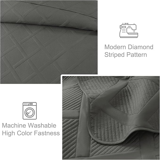 Exclusivo Mezcla Oversized King Quilt Set- Grey Cal King Quilts Bedding Set with 2 Pillow Shams, Modern Bedspread with Striped Pattern, Soft Lightweight Bedspreads Coverlets for All Seasons