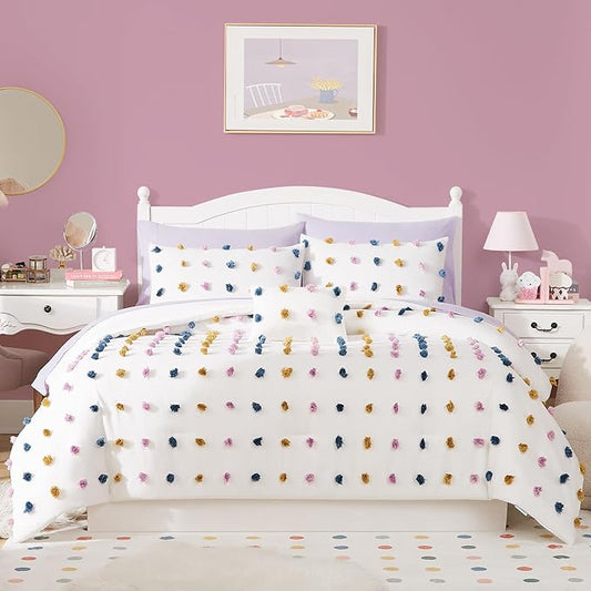 Geniospin Colored Twin Comforter Set for Girls- 6 Pieces Pom Tufted Bed in A Bag Twin Bedding Sets with Sheets, Pillowcases & Shams, All Season Kids Comforter Set