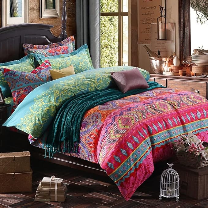 Boho King Duvet Cover, 100% Microfiber Ethnic Bohemian Colorful Bedding Set for Men Women, Yellow Orange Modern Geo Bohemian Print Duvet Cover, with Zipper Closure Luxury Soft Durable (King, 3pcs)