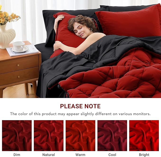 MUXHOMO 7 Pieces Oversized King Comforter Set, Reversible Bed in a Bag Oversized King Size, All Season Bedding Set with Comforter, Flat Sheet, Fitted Sheet, Pillowcases & Shams, Red & Black