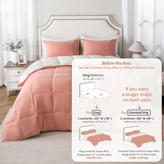 KASENTEX King Comforter Set – Reversible Dual Color – Goose Down Alternative – Ultra-Soft, Lightweight, Machine Washable, Maintain Fluffiness, All Season Warmth (Rose/Beige)
