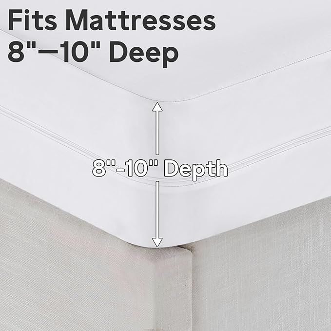 King Size Mattress Protector Zippered (8’’-10” Depth) – Waterproof Mattress Encasement Bed Cover,Premium Six-Sided Mattress Cover for Bed,Noiseless Breathable Machine Washable, White