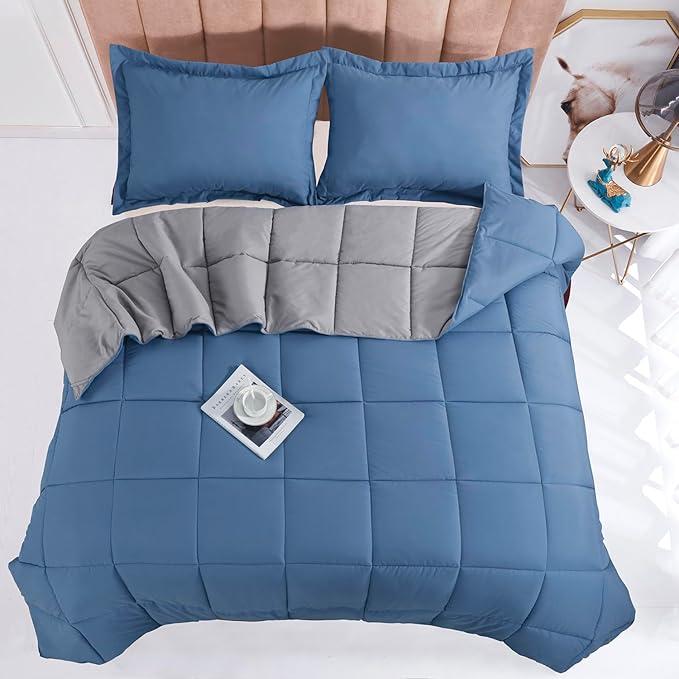 HIG 3pc Dusty Blue Twin/Twin XL Comforter Set - All Season Reversible Down Alternative Comforter with Sham - Quilted Duvet Insert with Corner Tabs - Box Stitched Blanket - Breathable, Soft, Fluffy