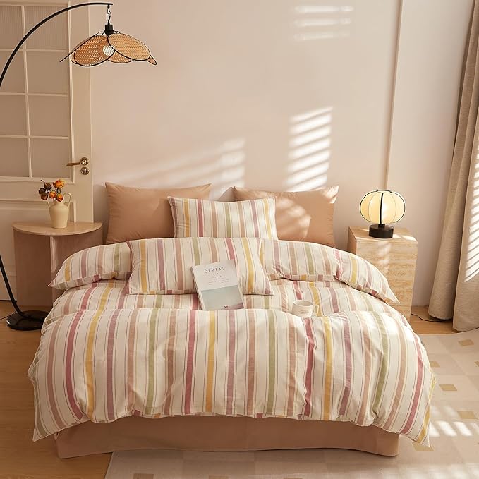 mixinni Vintage Striped Duvet Cover Set Twin, 3-Piece Washed Cotton Bedding Set - Soft, Breathable & Colorful Marble Stripe Pattern, All-Season Comforter Cover with Zipper-Twin Size