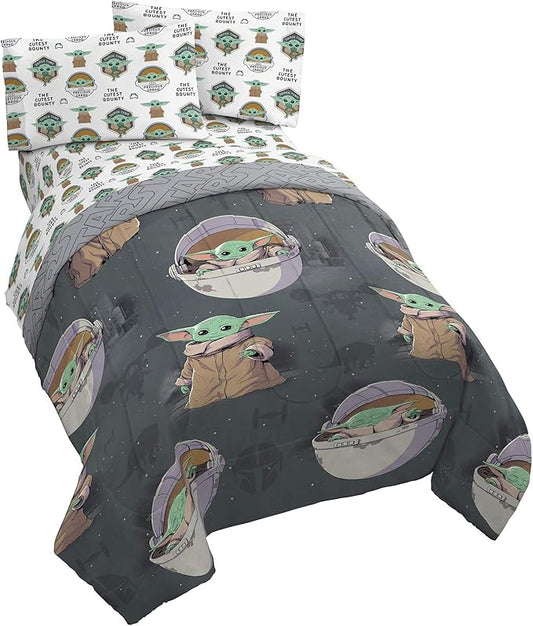 Jay Franco Star Wars The Mandalorian The Child 5 Piece Full Bed Set - Includes Reversible Comforter & Sheet Set - Bedding Features Baby Yoda - Super Soft Fade Resistant Microfiber