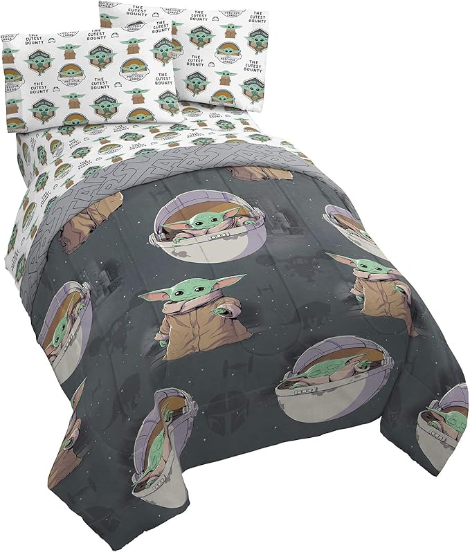 Jay Franco Star Wars The Mandalorian The Child 5 Piece Queen Bed Set - Includes Reversible Comforter & Sheet Set - Bedding Features Baby Yoda - Super Soft Fade Resistant Microfiber Official Product