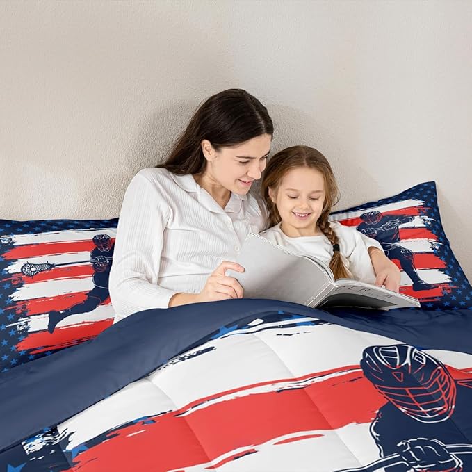 Feelyou Lacrosse Comforter Set King Size Boys Gilrs American Flag Sports Bedding Set for Kids Adults Soft Lacrosse Player Games Comforter Navy Blue Duvet Set Room Decor Quilt Boys
