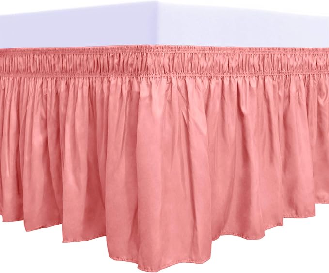 PureFit Wrap Around Ruffled Bed Skirt with Adjustable Elastic Belt - 18 Inch Drop Easy to Put On, Wrinkle Free Bedskirt Dust Ruffles, Bed Frame Cover for Queen, King and C-King Size Beds, Pink