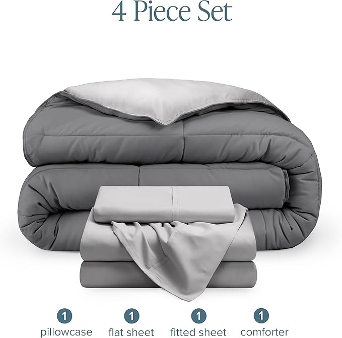 Bare Home Reversible Bed-in-A-Bag Comforter & Sheet Set - Twin Extra Long - Down Alternative - Soft - Bedding Set (Twin XL, Light Grey/Grey, Light Grey)
