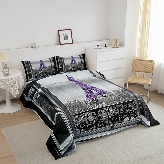 Erosebridal Purple Eiffel Tower Comforter Set King,Vintage France Paris Bedding Set for Girls Teens Women Retro City Building Down Comforter Romantic Rainy Day Quilt Set 2 Pillow Cases Bedroom Decor