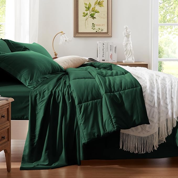 Anluoer Full Comforter Set 7 Piece, Emerald Green Bed in a Bag with Sheets, Comforters Full Size Bedding Sets with 1 Comforter, 2 Pillow Shams, 2 Pillowcases, 1 Flat Sheet,1 Fitted Sheet