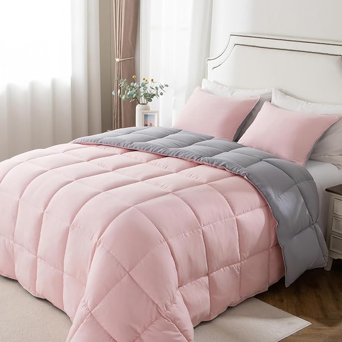 KASENTEX Twin/Twin XL Comforter Set – Reversible Dual Color – Goose Down Alternative – Ultra-Soft, Lightweight, Machine Washable, Maintain Fluffiness, All Season Warmth (Pink Potpourri/Quartz Silver)