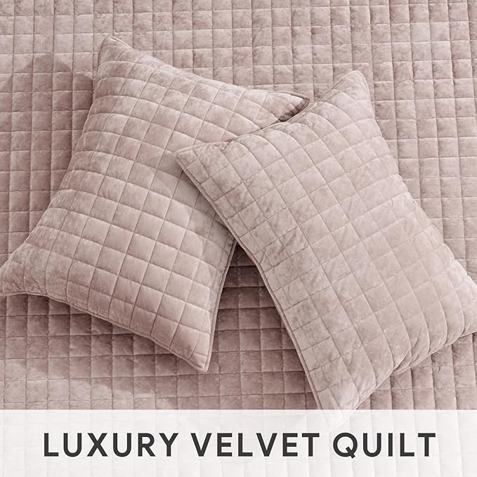 RECYCO Luxury Velvet Quilt Set King Size Bedding Sets, Ultra Soft Velvet Comforter Set, Lightweight Channel Box Stitch Oversized Bedspread Coverlet for All Season, with 2 Shams, Rose Pink