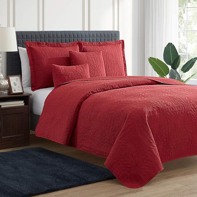 Hearth & Harbor Quilts King Size - All Season Bedspread Coverlet Set, Pinsonic Weave Lightweight Bedding Set - 5 Piece King Quilt Set with Pillow Shams, Grid - Burgundy