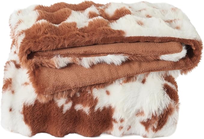 Lotus Karen Faux Fur Throw Blanket Cow Print-Light Brown, Fluffy Fuzzy Plush Bubble Blanket for Couch, 90x90 InchesCozy Shaggy Rabbit Blanket, Luxury Decorative Gifts for Sofa Bedroom Living Room.