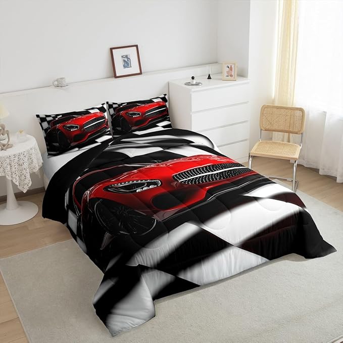 Erosebridal Teen Race Car Comforter Set For Boys King Size Extreme Sports Car Bedding Set,Black White Checkered Grid Comforter Retro Red Cool Vehicle Automobile Quilt Duvet 2 Pillow Cases
