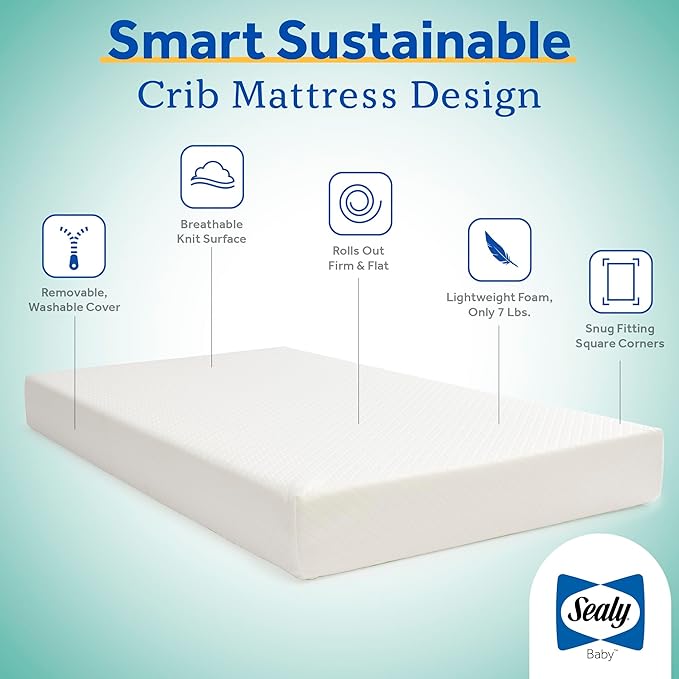 Sealy Baby Butterfly Knit Breathable Crib Mattress, GREENGUARD GOLD Certified, Made in USA, Premium Foam, Washable Easy to Clean Cover, Toddler Bed Fit, Safety & Quality Tested, 52x28"