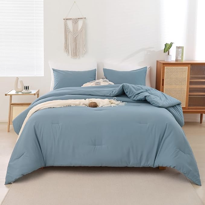 ROSGONIA King Size Comforter Set Dusty Blue, 3pcs (1 Boho Blue Comforter & 2 Pillowcases) All Season Bedding Lightweight Bedspread Blanket Quilt