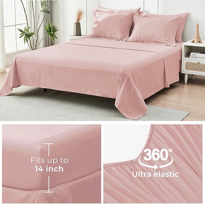 HYMOKEGE Rose Gold Duvet Cover Queen Size, Ultra Soft 3-Piece Seersucker Duvet Cover Set with Zipper Closure, Soft Brushed Microfiber Bedding Set with 8 Corner Ties (90"x90", 2 Pillowshams)