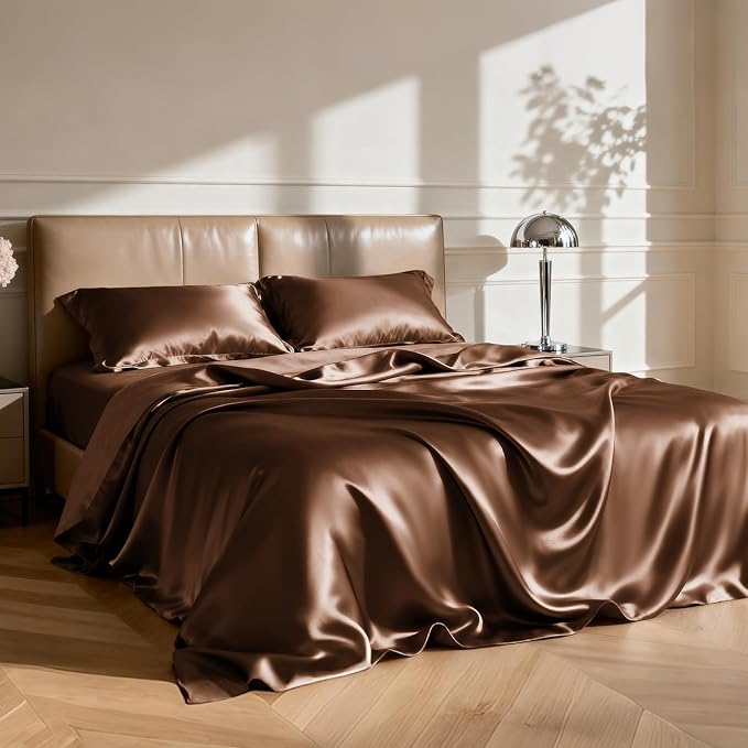 Love's cabin 4Piece California King Satin Bed Linen Set, Brown Silky Satin Sheets, Deep Pocket, Luxury Silk Feel, 1 Flat, 1 Fitted Sheet, 2 Pillow Cases